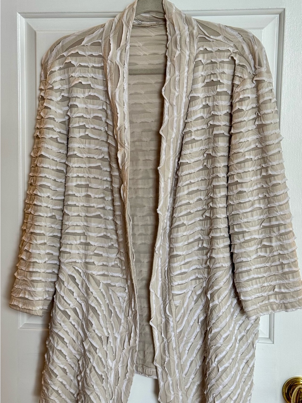 Open-Front Textured Tunic Cardigan Cream & Tan Excellent Pre Owned Condition Lg
